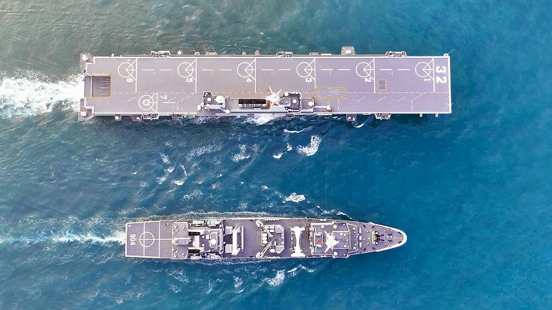 Warships sail in formation 