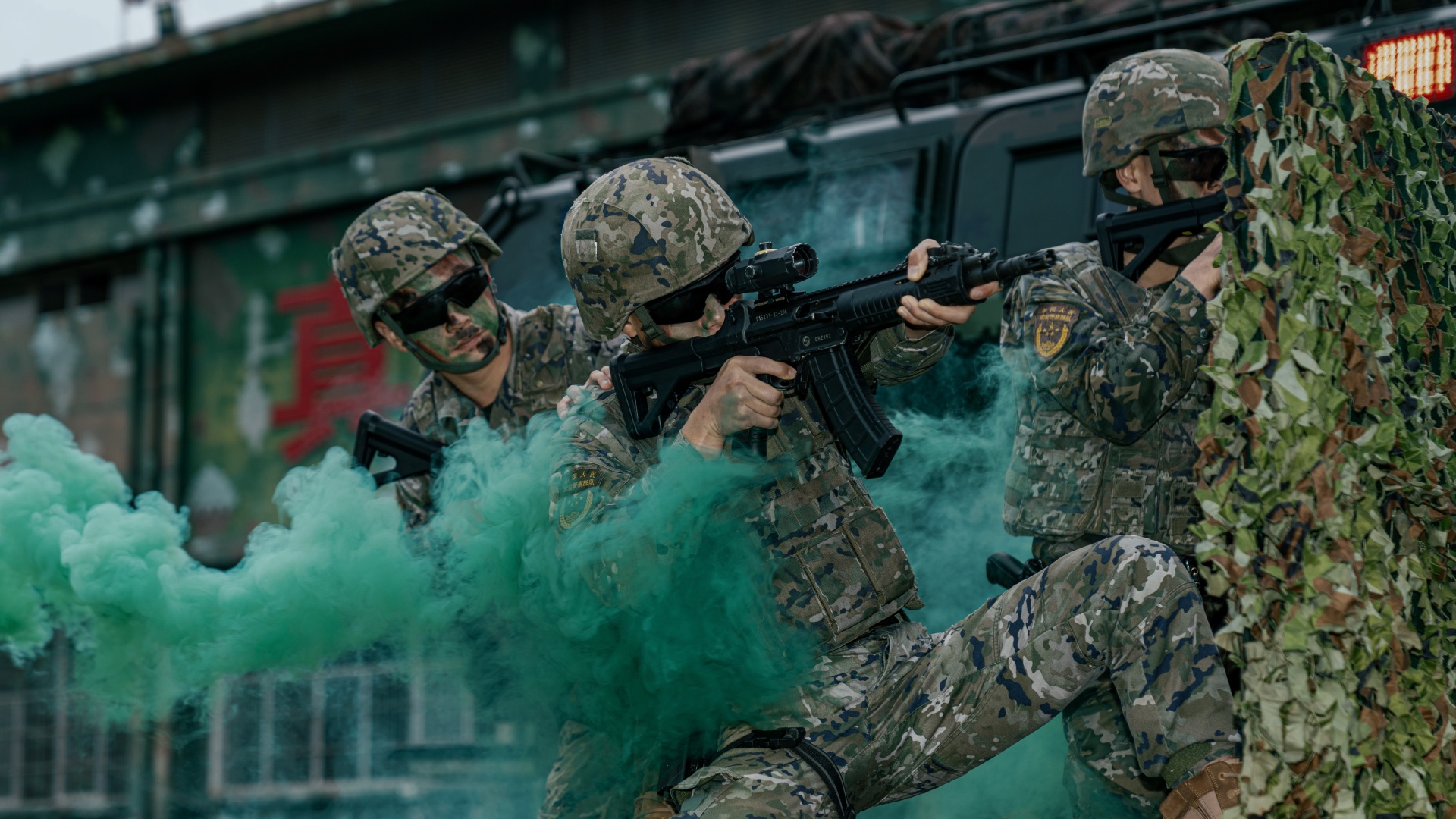 Armed police soldiers in tactical training