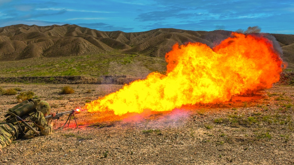 Soldiers Shoot with Flamethrower