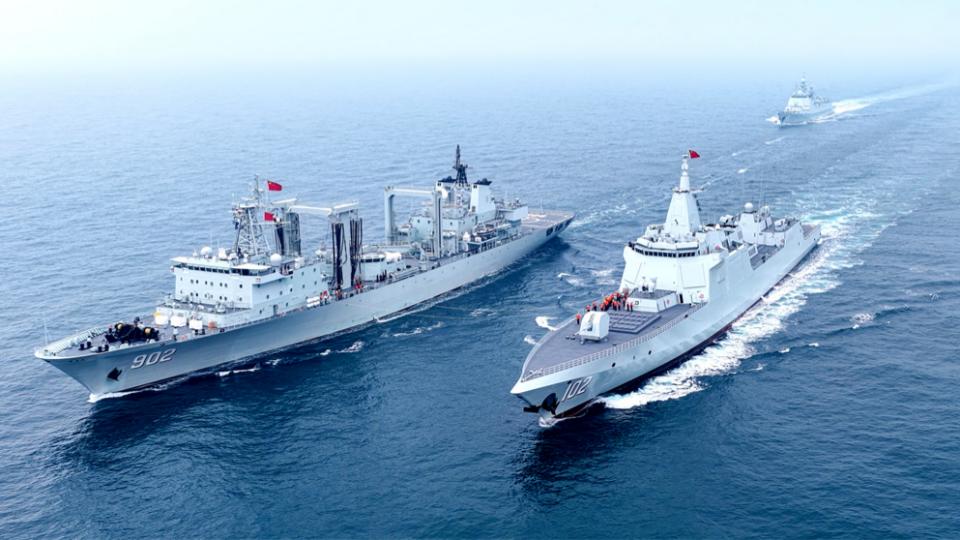Naval vessels in replenishment-at-sea training
