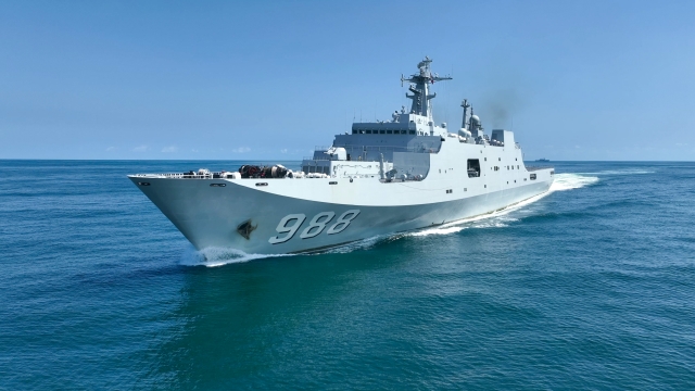 Amphibious dock landing ship steams at sea