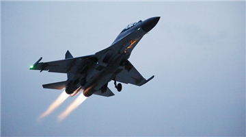 Fighter jet soars into the air at night