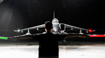Ground crew member signals fighter jet to taxi into hangar