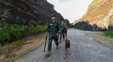 Soldiers patrol with military working dog in mountainous area