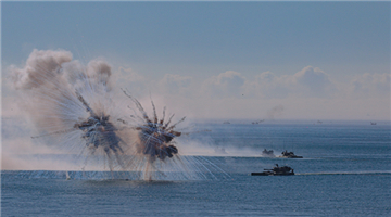 Amphibious armored vehicles make ways to beach-head