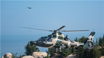 Attack helicopter flies over strait