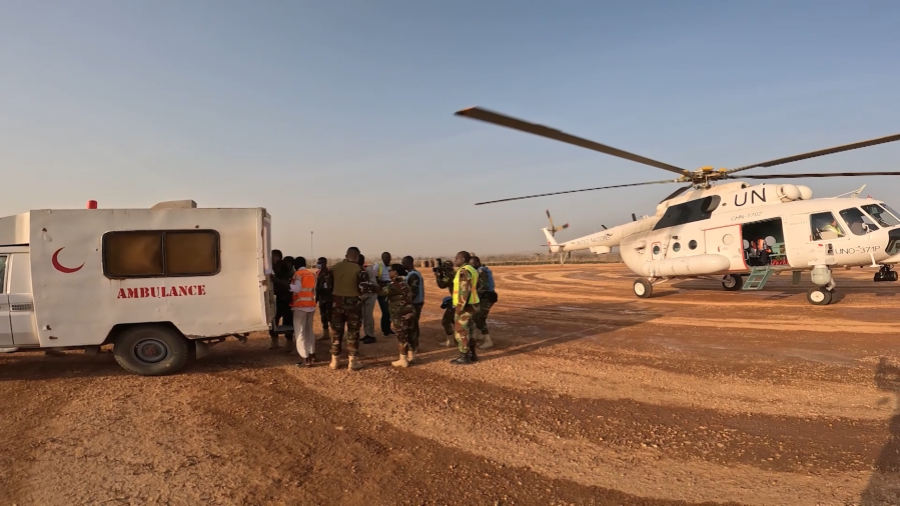 Chinese peacekeeping helicopter unit to Abyei transfers an injured Bangladeshi peacekeeper