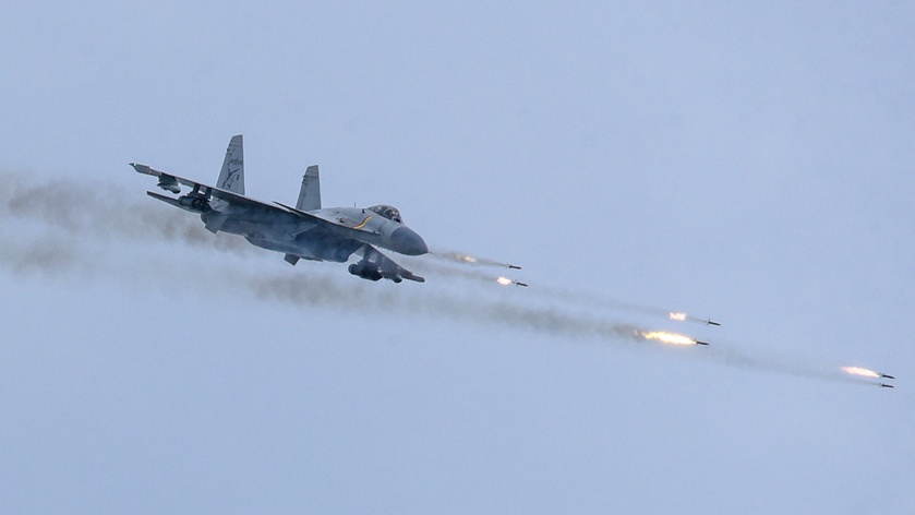 J-15 fighter jet drops bombs