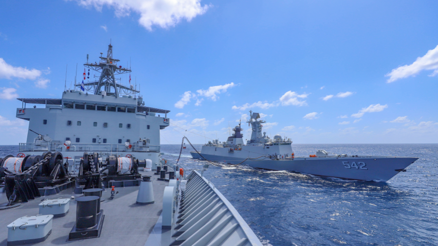 PLA naval ships in replenishment-at-sea training