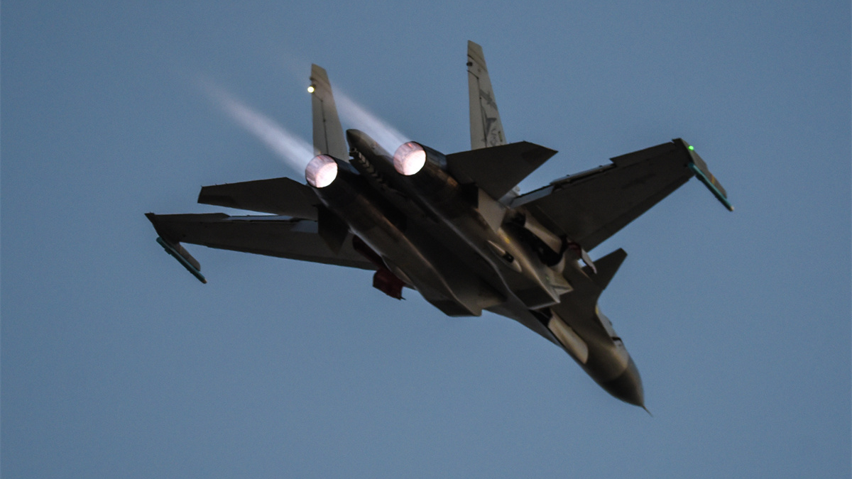 J-15 carrier-based fighter jet soars into sky