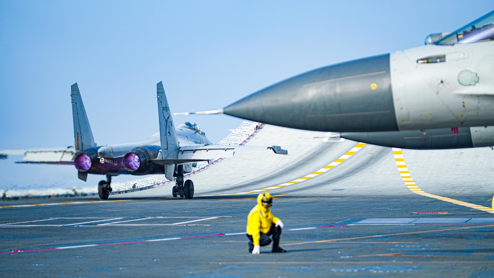 J-15 fighter jet takes off for training