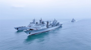 Naval vessels in replenishment-at-sea training