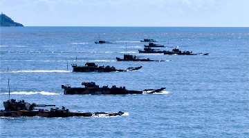 Amphibious infantry fighting vehicles steam in formation