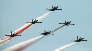 Aerobatic demonstration team of Turkish Air Force performs during air show