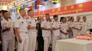 Chinese PLA Navy's amphibious dock landing ship holds deck reception in Cambodia