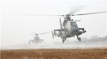 Attack helicopters lift off in snowy weather