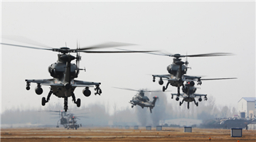 20-odd attack helicopters lift off for flight training