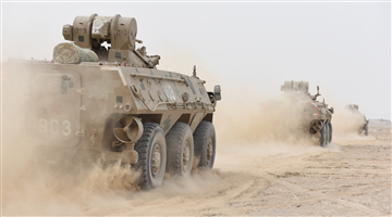 Wheeled IFVs traverse through desert area
