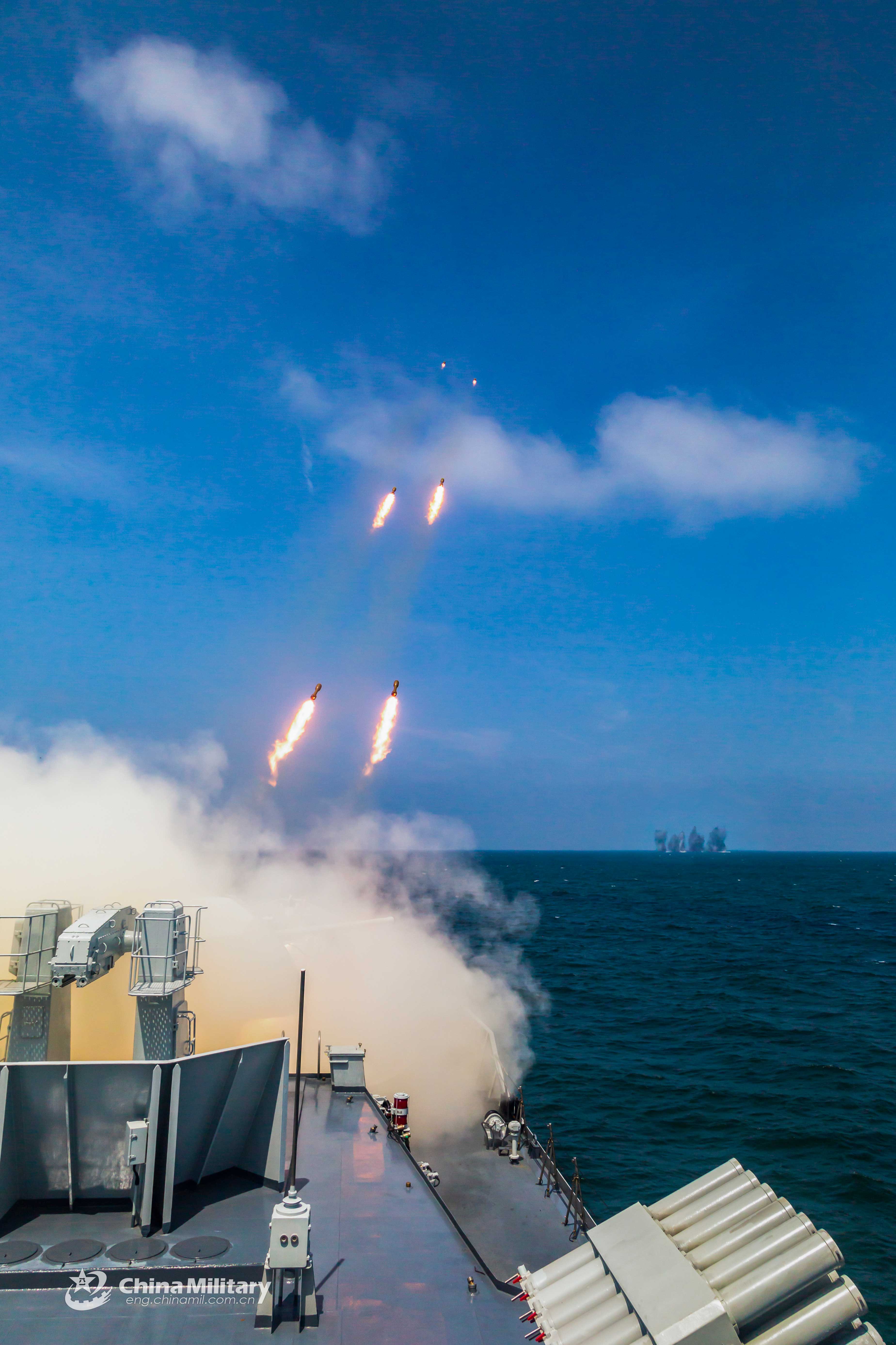 Guided Missile Destroyer Fires Rocket Propelled Depth Charges China