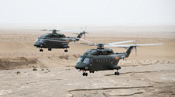 Transport helicopters fly in plateau area