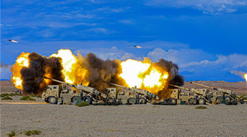 Vehicle-mounted gun-howitzers in live-fire training exercise